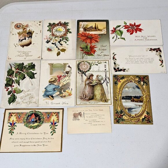 Antique Christmas New Years Postcard Lot/14 ephemera 1910s Embossed bells floral - Picture 2 of 11